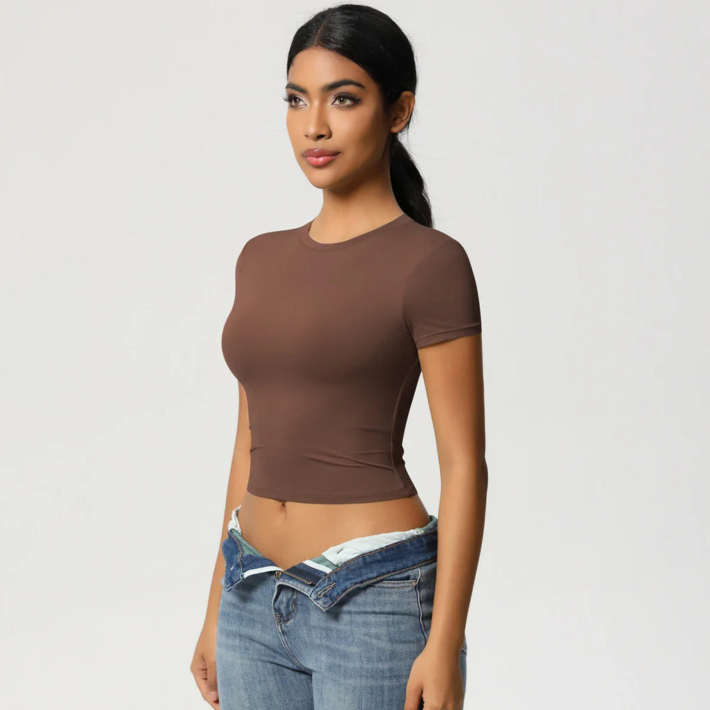 NudeBlend Stretchy Crop Tee - Brown Angle