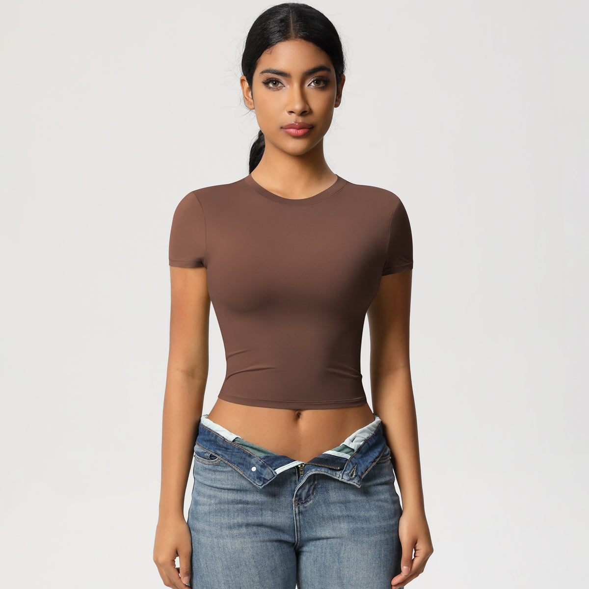 NudeBlend Stretchy Crop Tee - Brown Front