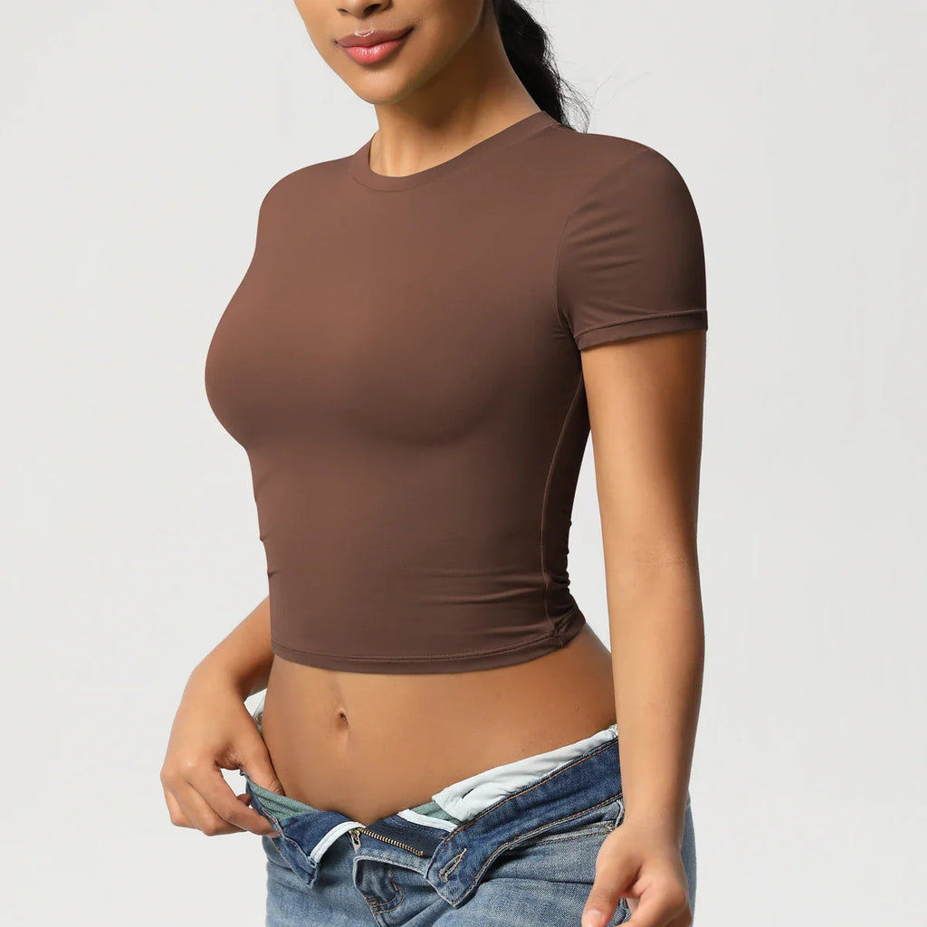 NudeBlend Stretchy Crop Tee - Brown Side