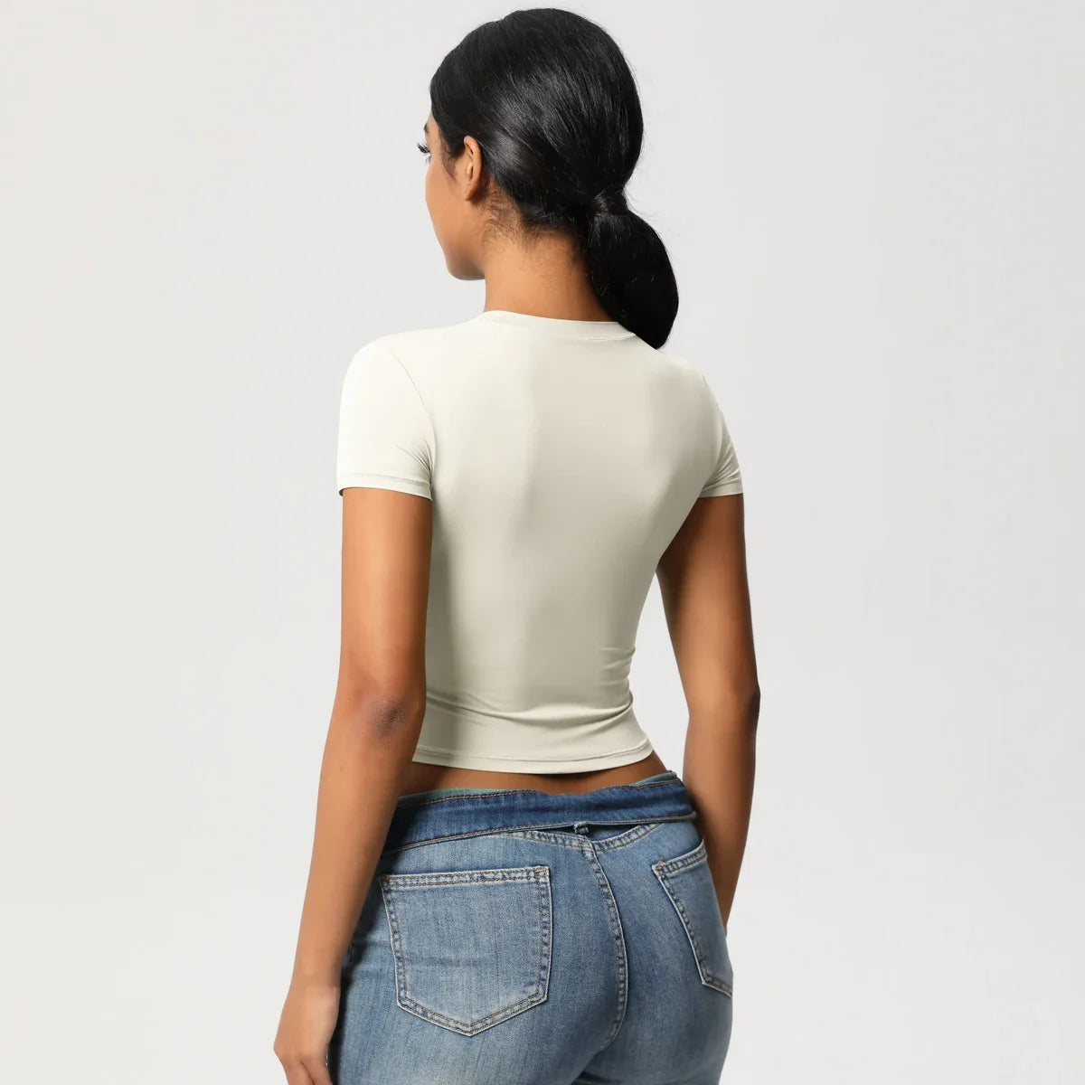 NudeBlend Stretchy Crop Tee - Cream Back Angle