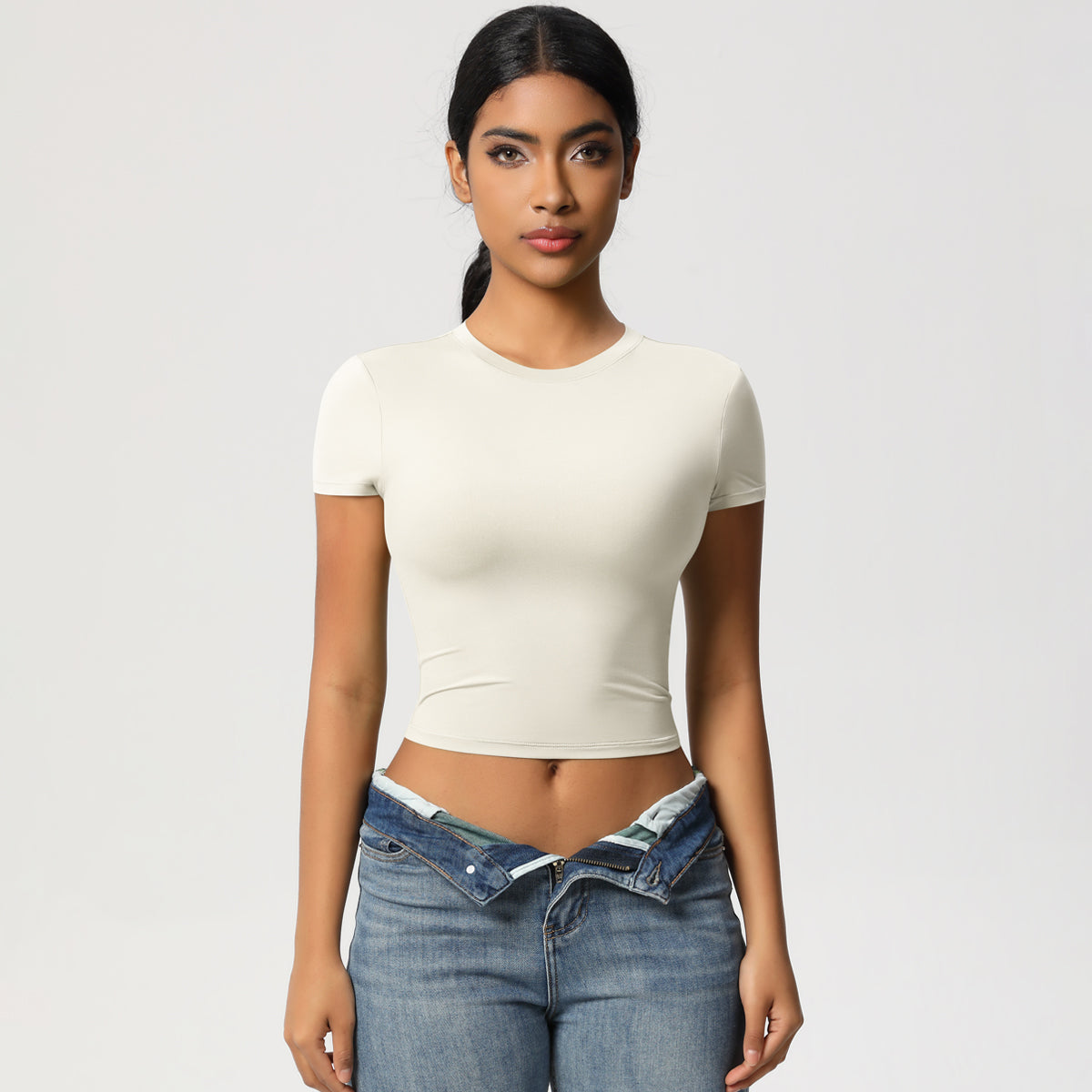 NudeBlend Stretchy Crop Tee - Cream Front