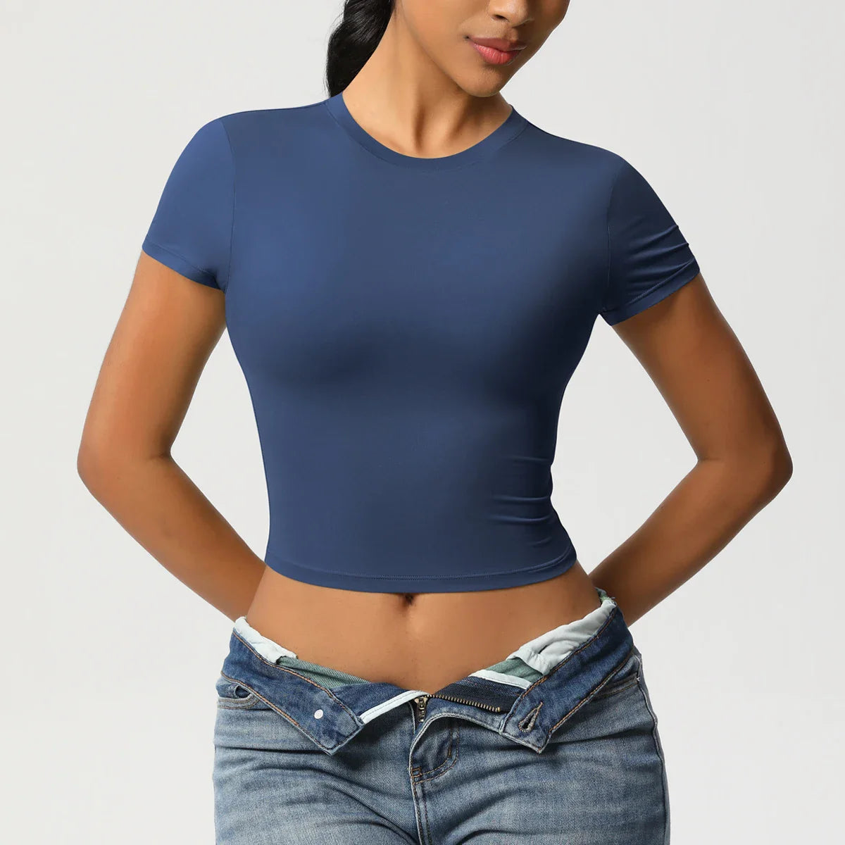 NudeBlend Stretchy Crop Tee - Navy Blue Front