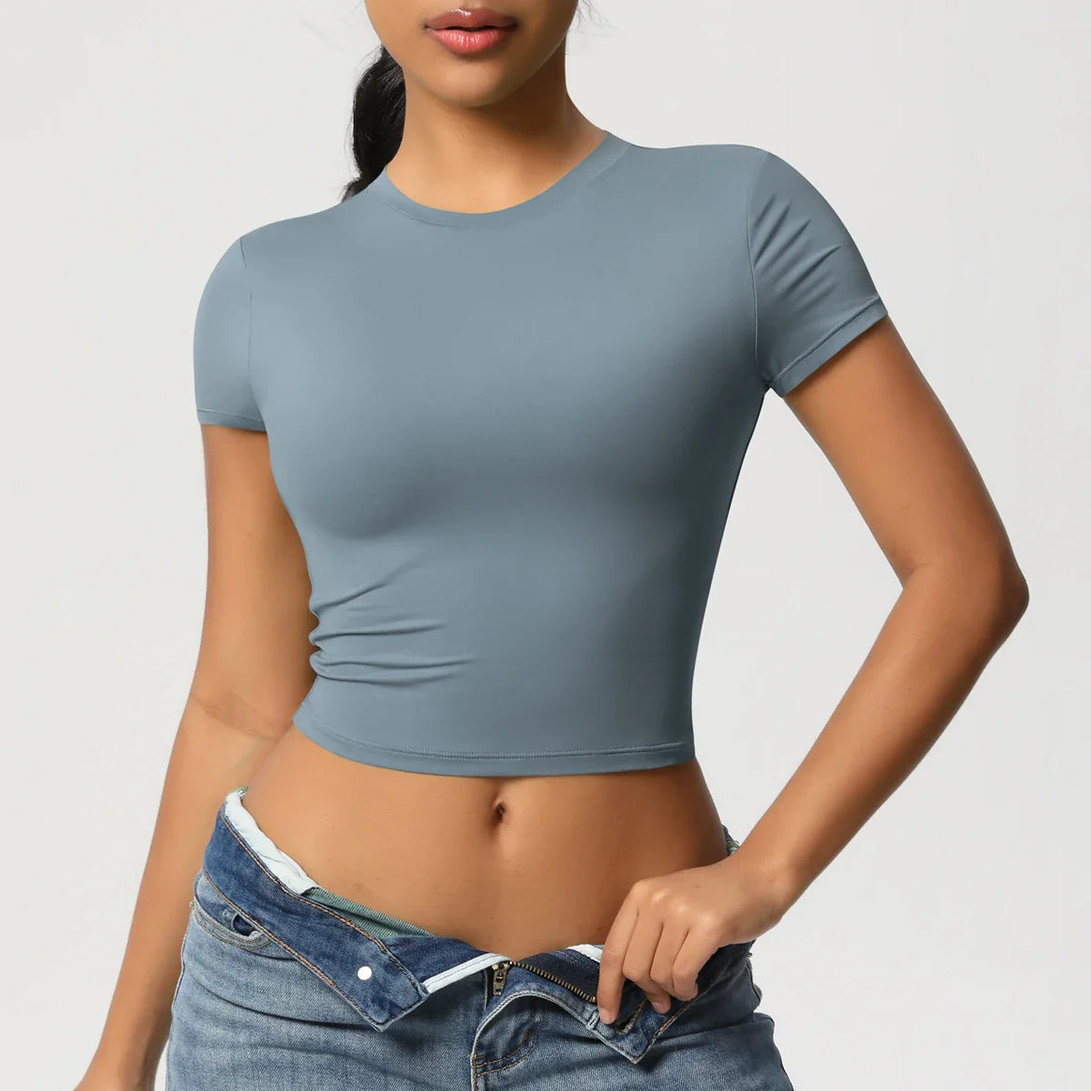 NudeBlend Stretchy Crop Tee - Steel Blue