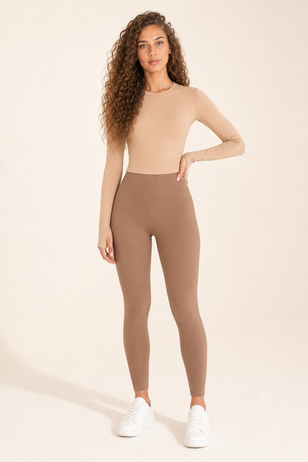 Model wearing NudeBlend Crew Neck Long Sleeve Top in Sand - front