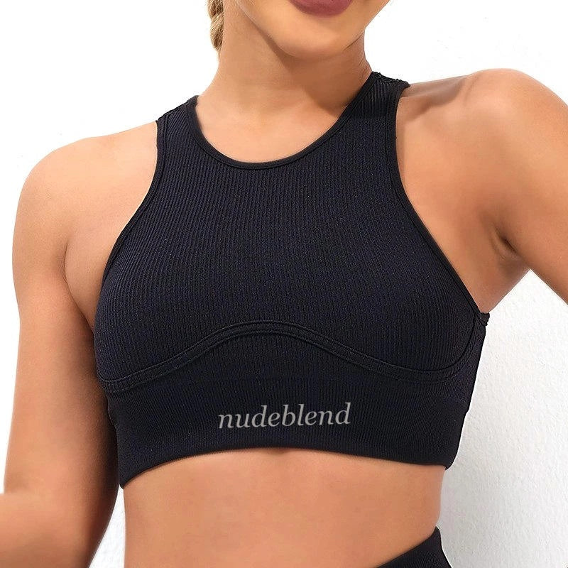 NudeBlend Ribbed High-Neck Sports Bra in black - front