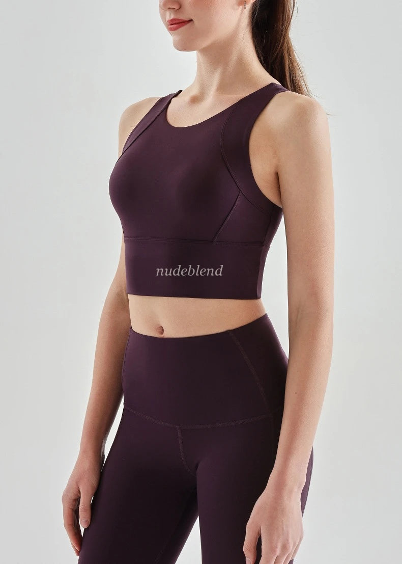 NudeBlend Scoop Neck Yoga Crop Top in Plum - front